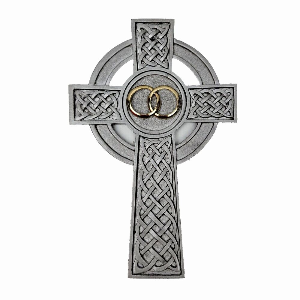 Vintage Knotted Celtic Cross Wedding Rings Cross Pewter Gold Tone Anniversary 8"